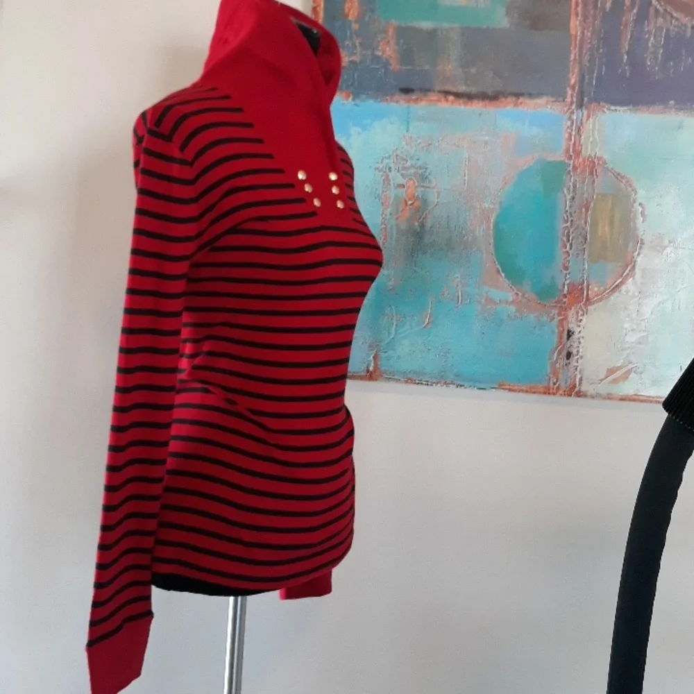 Chaps by Ralph Lauren Highland Red & Black Striped Shawl Collar Top Size L / NWT - Picture 11 of 14
